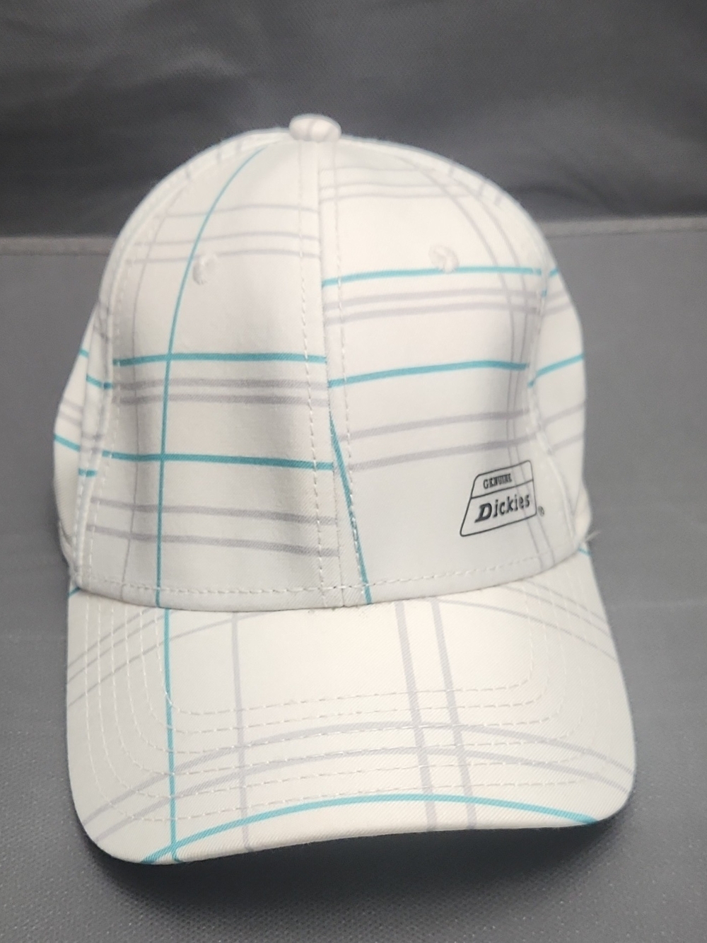 Dickies White Plaid Cap with Teal and Gray Lines